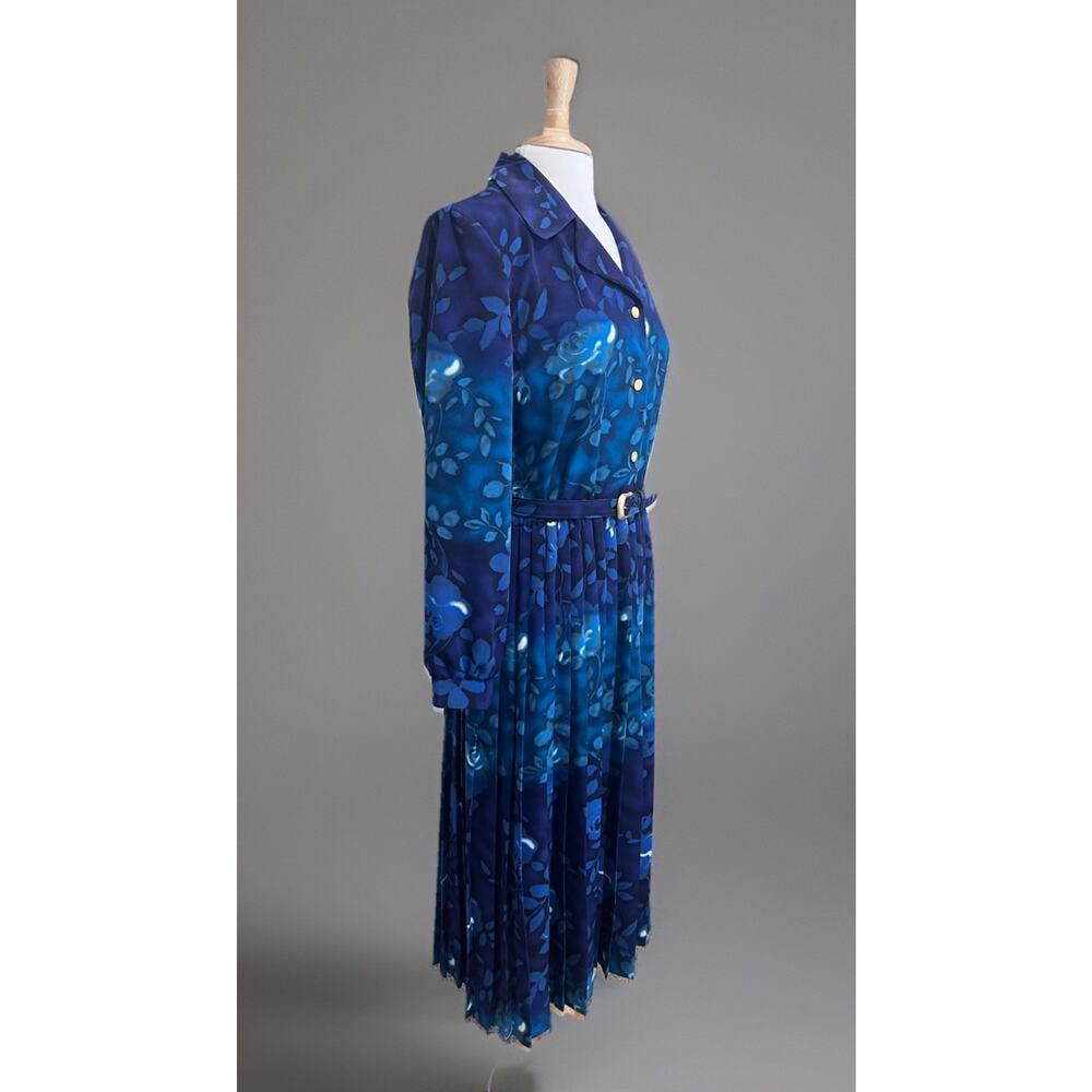 Vintage VICTORIA MORGAN Blue Purple Watercolor Pleated Belted Midi Dress sz 10 - Picture 4 of 7